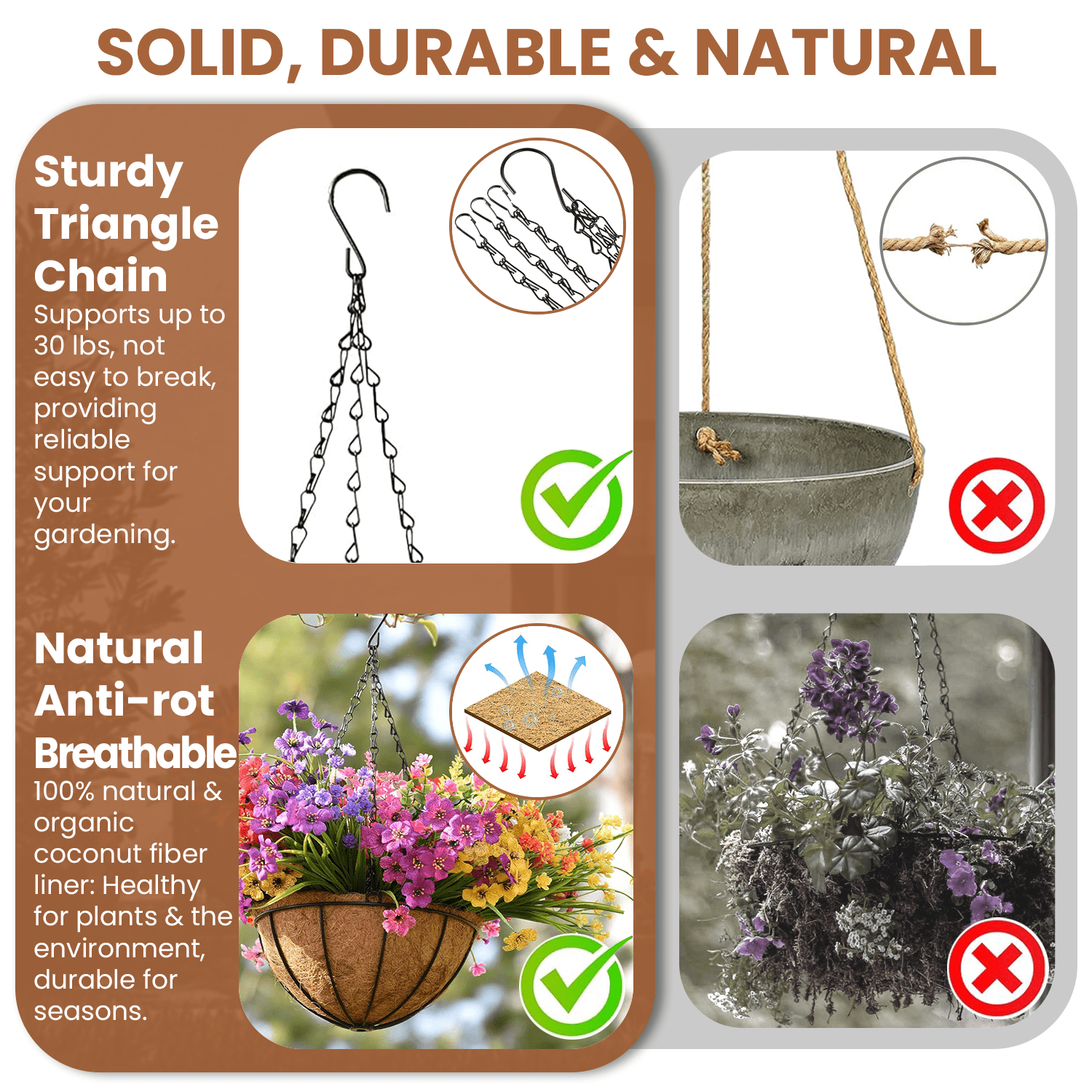 Diigabo 3-Pack Metal Hanging Planter 10-Inch Baskets Coconut Coir Liners Rustproof Iron Frame with Hook for Indoor Outdoor Porch Garden Décor