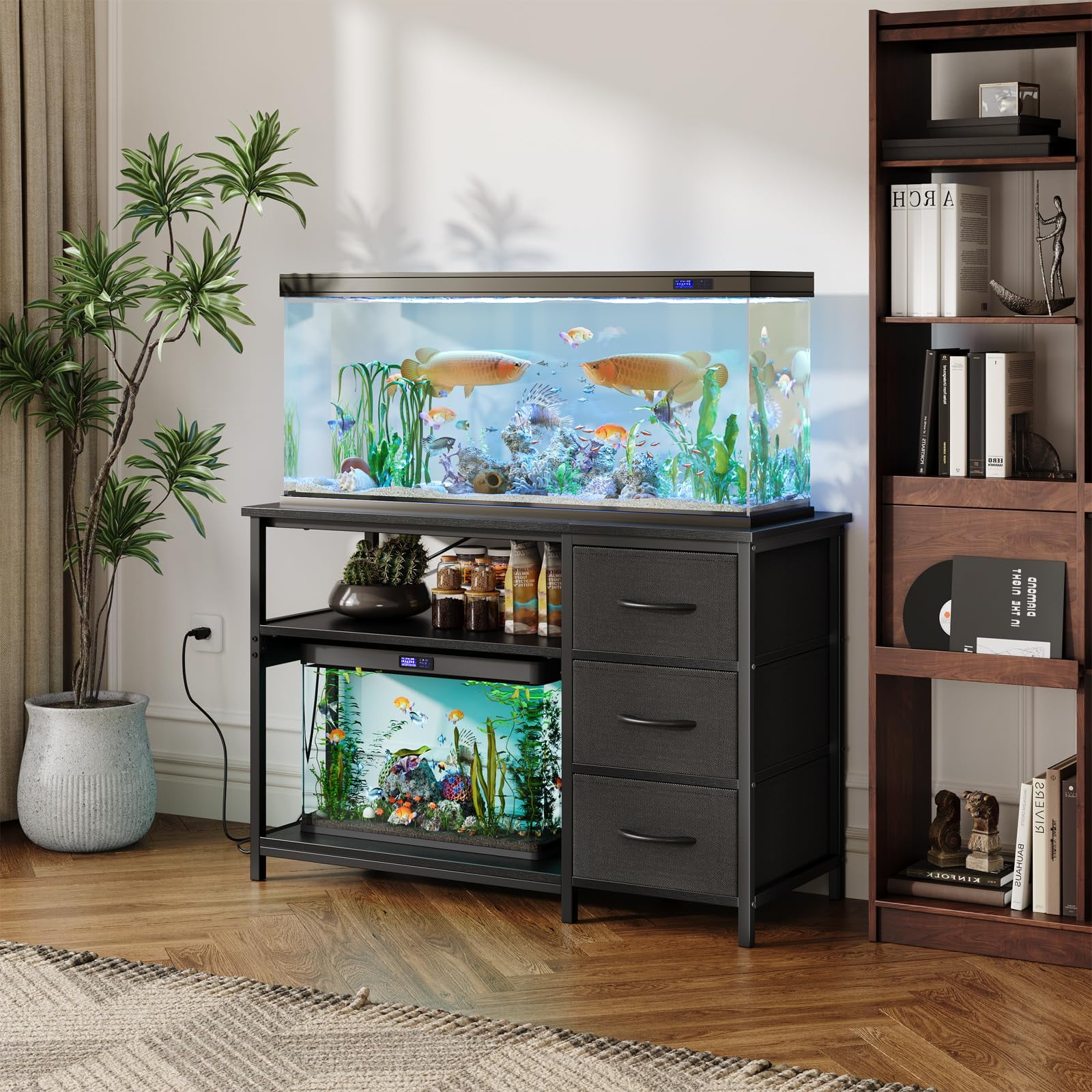 55-75 Gallon Aquarium Stand, Heavy Duty Fish Tank Stand with Drawers & Shelves, LED Light, 1000lbs Capacity, Fish & Reptile Tanks Stand with Power Outlet & USB