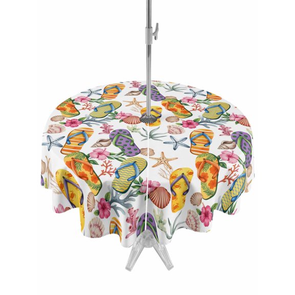 Outdoor Tablecloth with Umbrella Hole for Patio/Picnic/Party/Camping, Nautical Coastal Waterproof Table Cloth Round Cover Washable, Watercolor Ocean Slippers Starfish Coral Shell (Dia 60")