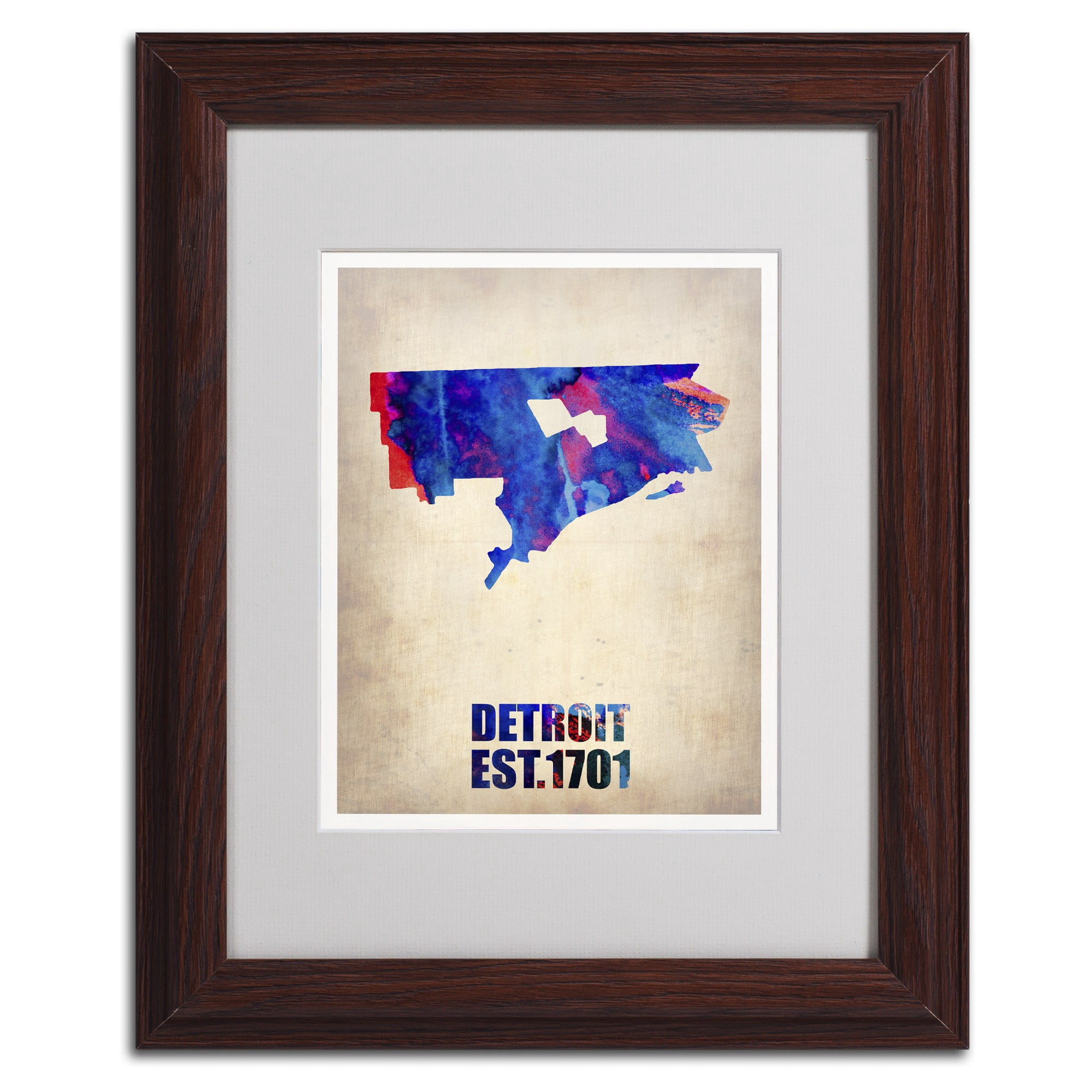 Trademark Fine Art "Detroit Watercolor Map" Matted Framed Art by Naxart, Black Frame