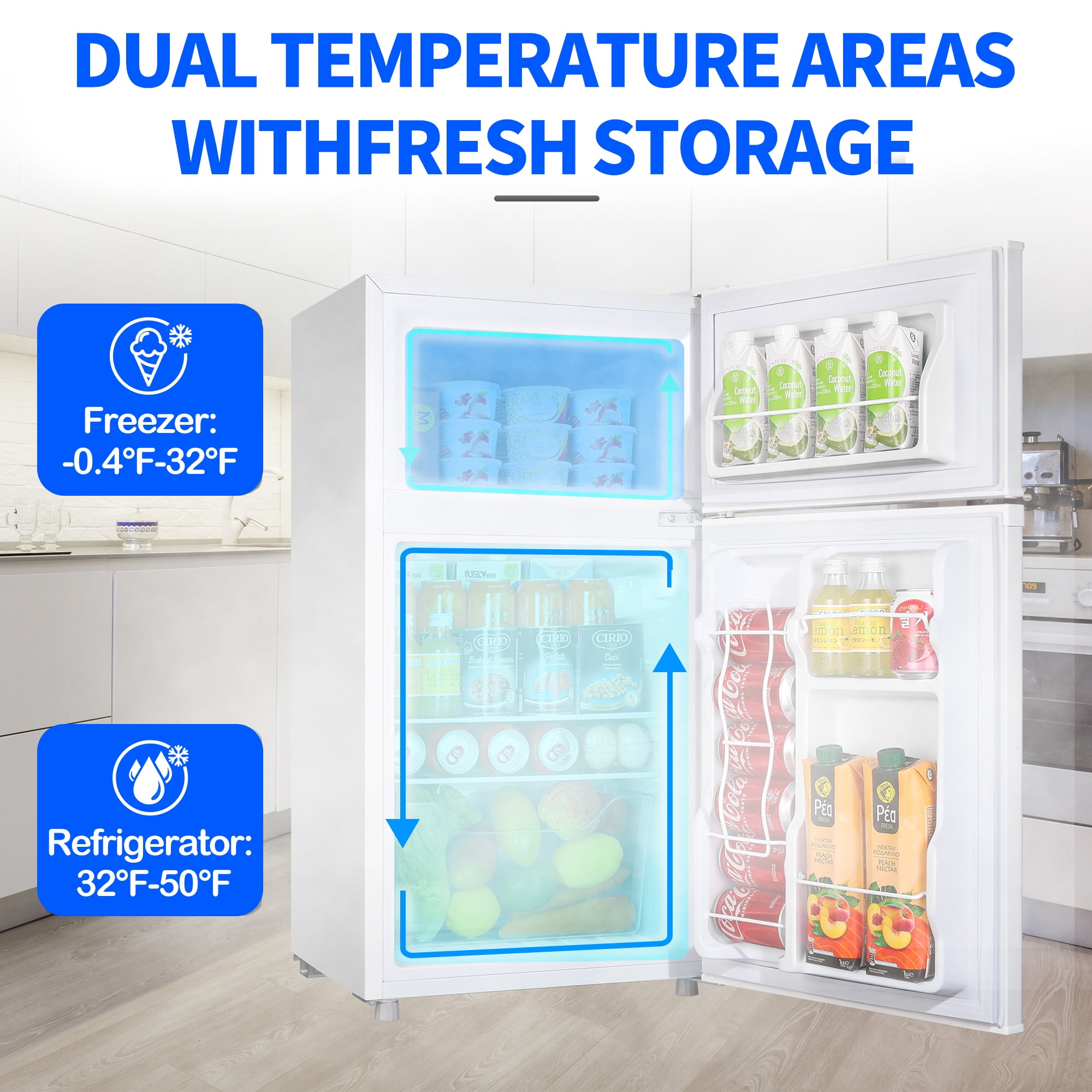 WANAI 3.5 Cu ft Two Door Mini Refrigerator,2 in 1 Mini Fridge with Freezer, 7-Level Temperature Adjustment,with  LED lights,White,for  Dorm/bedroom/office/apartment