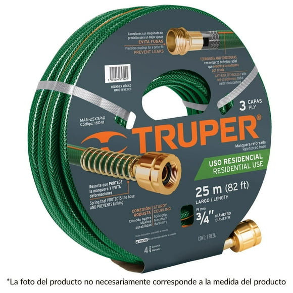 Manguera para jardín 1/2 Truper Reforzada 3 Capas Conexiones Aluminio 15m