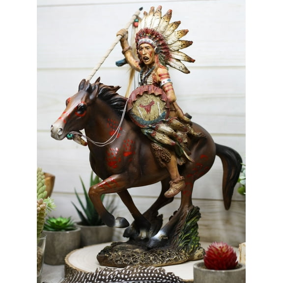 Ebros Eagle Warrior War Headdress On Horse Throwing Spear Figurine 13"H