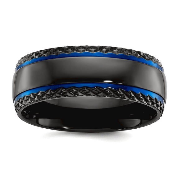 Black Zirconium Polished Blue Ip Plated With Textured Edge 8mm Band Size 10.5 Ring for Women and Men