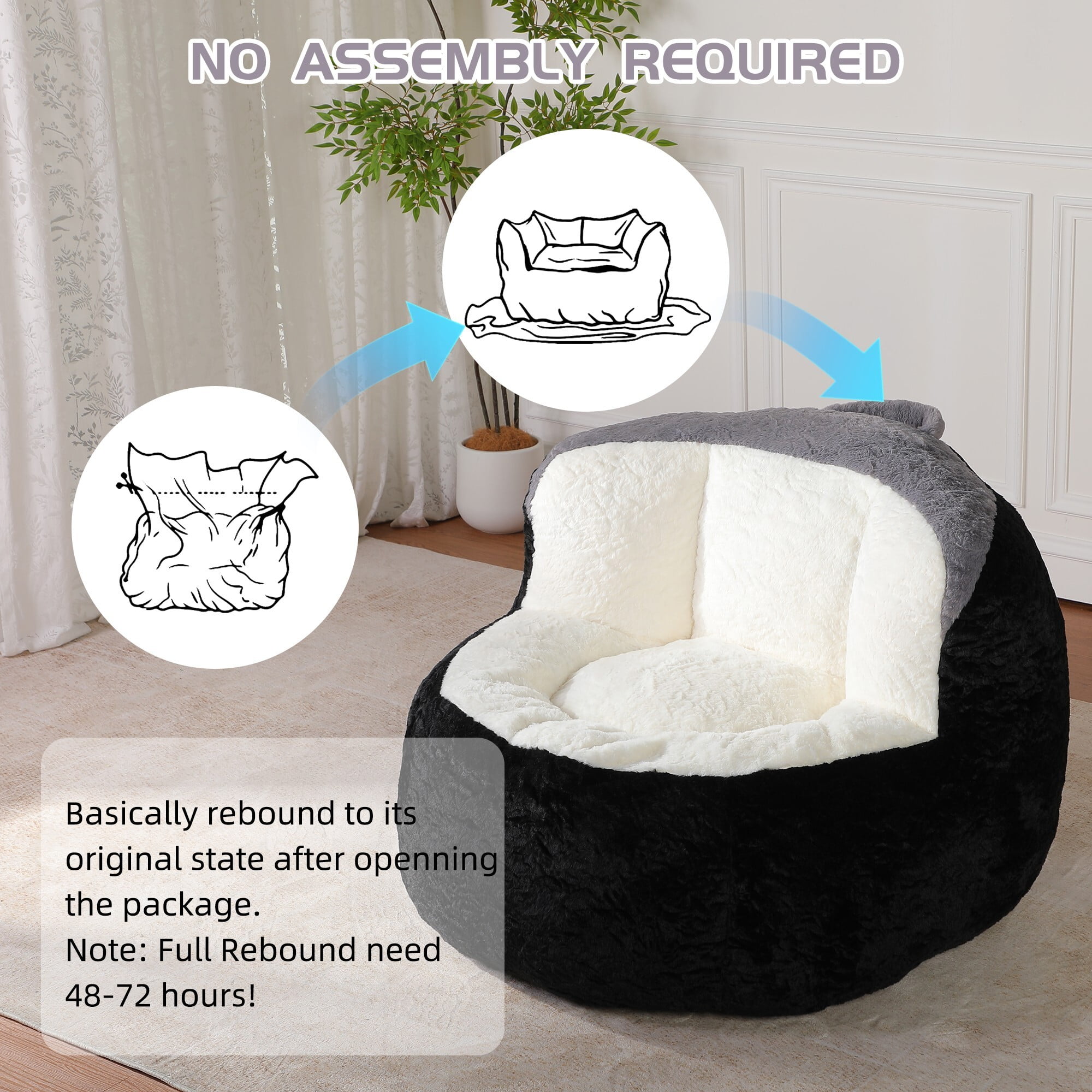 AENKYO Plush Faux Fur Bean Bag Chair - High Density Foam, Non-Slip, Portable Lounger for Living Room, Bedroom, Black