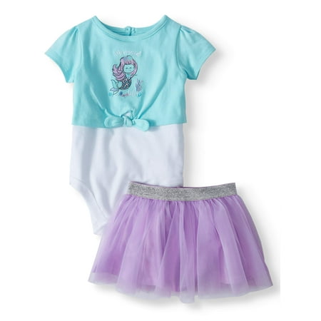 Garanimals Baby Girl 2fer Tie Front Bodysuit, Tutu, 2pc Outfit Set