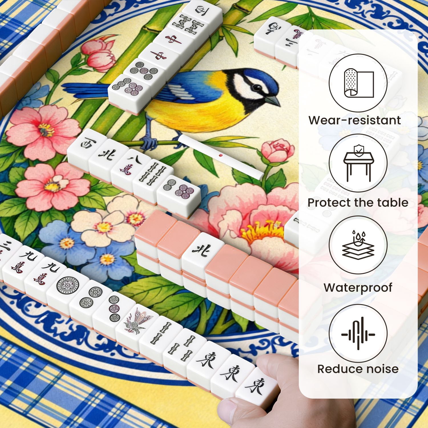 Mahjong Mat 31.5" x 31.5" Blue Tit Bird Vibrant Floral Bamboo Decorative Border Non-Slip Noise Reduction Mahjong Tiles Table Cover for Dominoes Poker Card Board and Tile Games