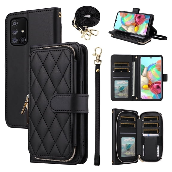 Furiet Argyle Wallet Case for Samsung Galaxy A71 5G with Wrist/Shoulder Strap Card Slots Zipper Purse, Luxury PU Leather Stand Checkered Cell Phone Cover for A 71 G5 71A S71 Women Girls Black
