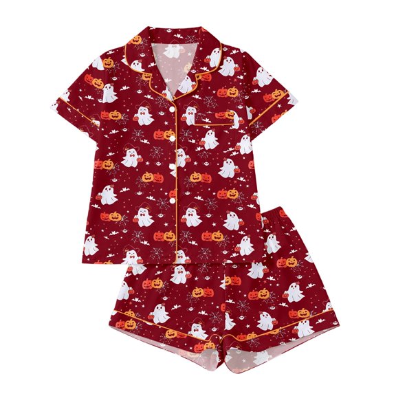 Likimi Kids Toddler Girls Halloween Pajamas Set Short Sleeve Hallowmas Ghost Print Lapel Button Down Pjs Tops With Shorts For Party Fashionable Homewear