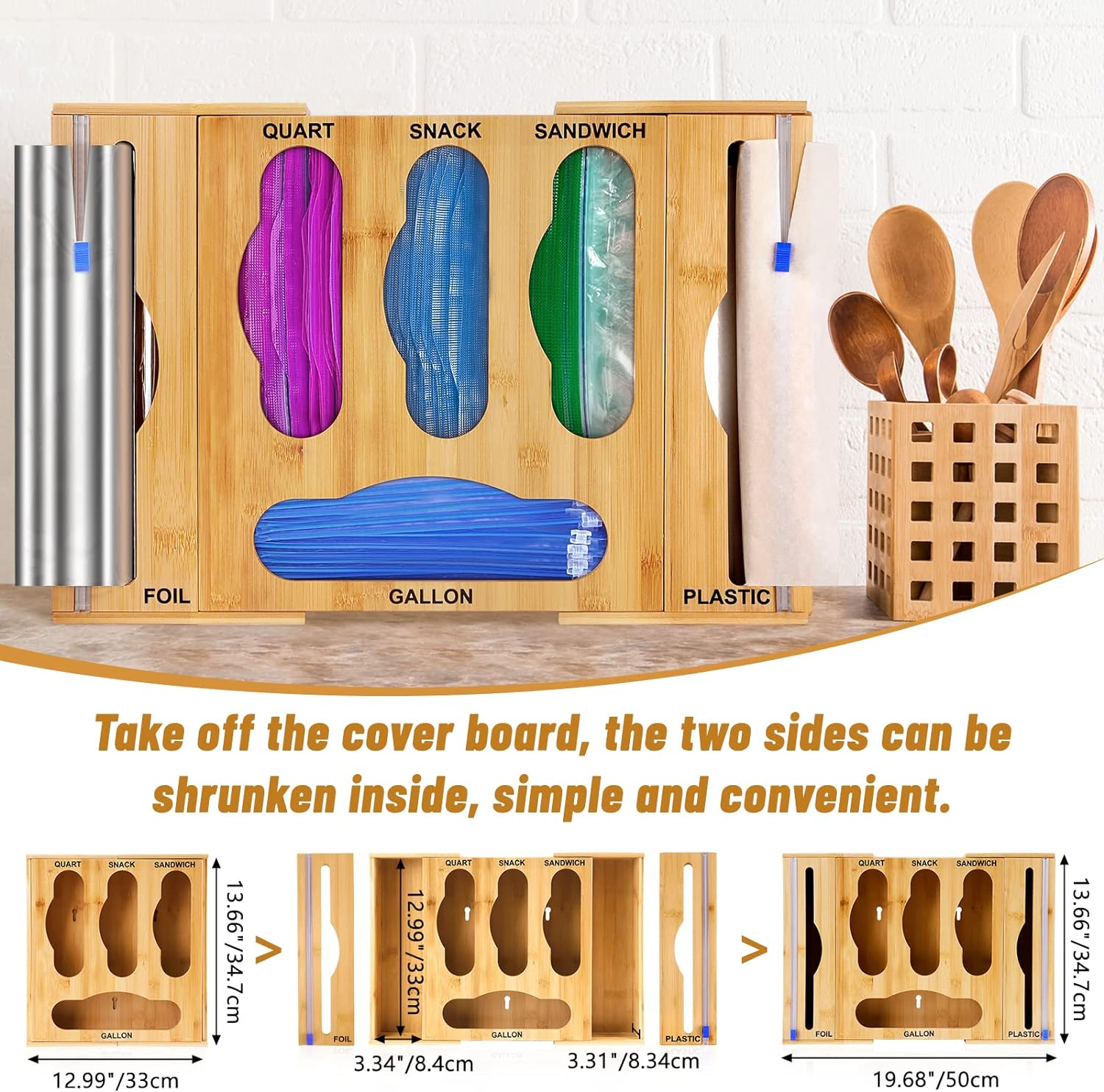 Bamboo Ziplock Bag Storage Organizer for Kitchen Drawer, Foil and Plastic Wrap Dispenser with Cutter, Food Plastic Baggie Holder for Gallon, Quart, Sandwich, Snack, Fit for Wall Hanging