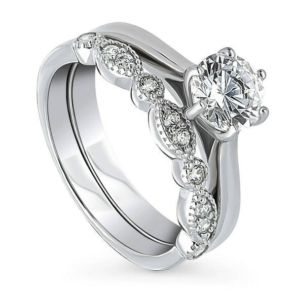 BERRICLE Sterling Silver Milgrain Wedding Engagement Rings 1 Carat Cubic Zirconia CZ Solitaire Ring Set for Women, Rhodium Plated Size 5.5