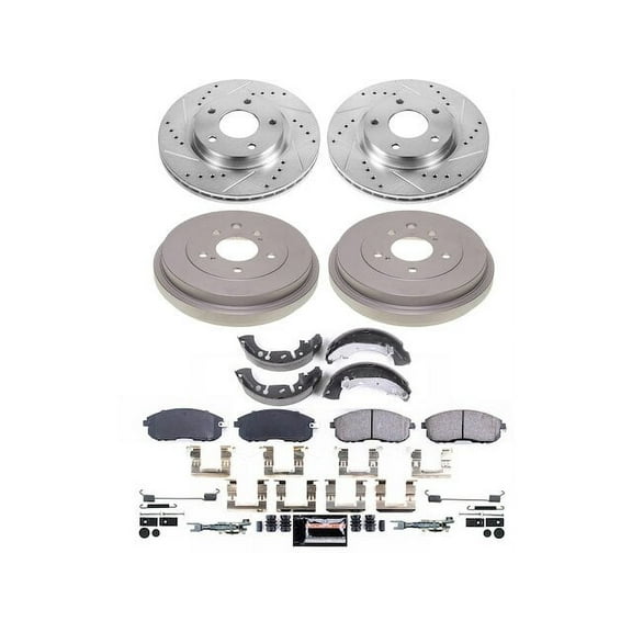 Front and Rear Brake Pad Rotor Shoe Drum Kit - Compatible with 2013 - 2019 Nissan Sentra - Power Stop