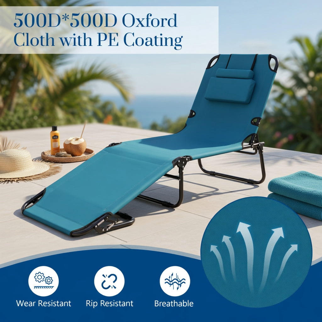 Hommoo Adjustable Beach Chaise Lounge Chair with Face Hole, Removable Pillows & Foldable Design, Blue