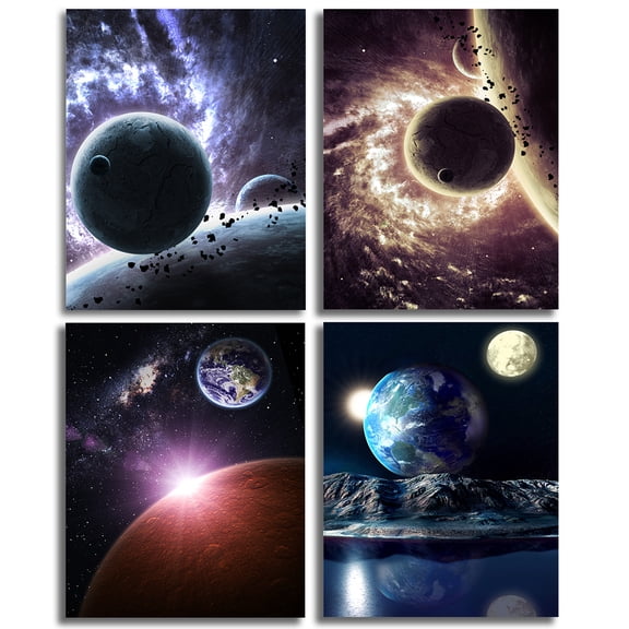 4pcs/set Stars Outspace Wall Art Printing Poster Science Fiction Moon Animation Starry Sky Universe,Artwork Wall Painting for Living Room Bedroom Bathroom Office Decoration,No Frame