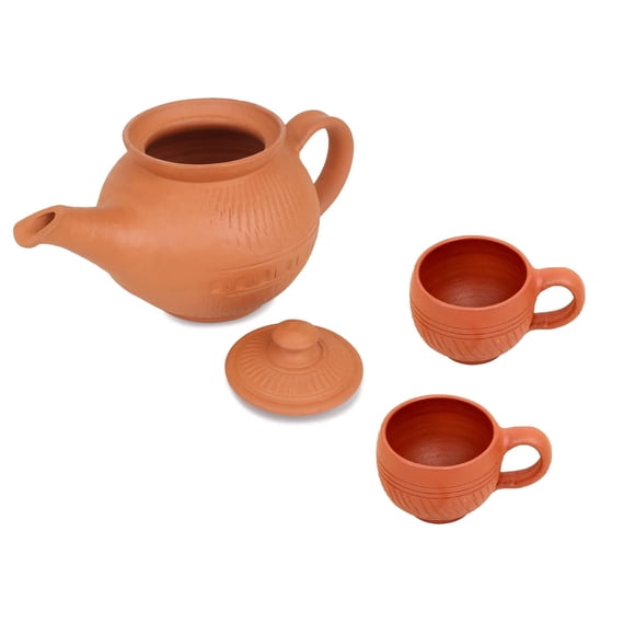 Handcrafted Mitti Clay Tea Kettle With Lid + Tea Cup Coffee Cup Set - Handmade Earthen Clay Kulhad Kullar Chai Ke Cup Pack Of 2 | Kettle 750 Ml & Cups 115ml Each