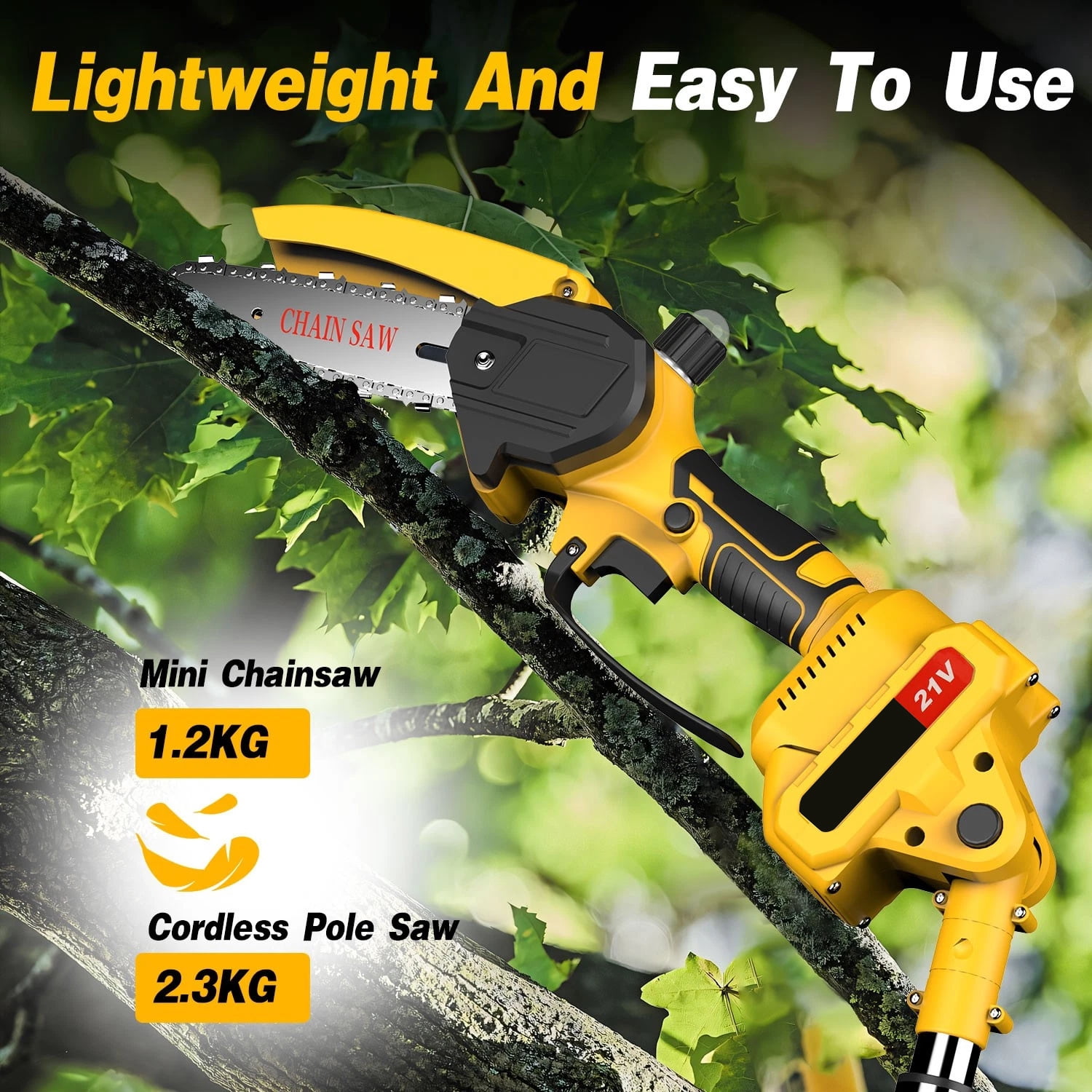 Cordless Pole Saw and Mini Chainsaw, 2-IN-1 Pole Chainsaw,Brushless Electric Pole Saw Battery Powered 4in/6in Chainsaw, 59 Inch Max Reach Tree Trimmer Pole Saw, Yellow