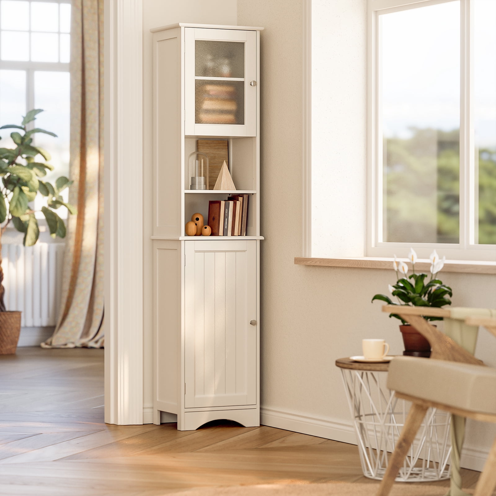 Lofka 67.1"H Wooden Bathroom Storage Cabinet with Transparent Glass Door and Adjustable Shelves for Living Room, White