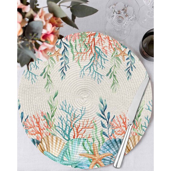15 Inch Round Placemats Set of 4, Summer Ocean Non Slip Heat Insulation PP Table Mats, Watercolor Coastal Coral Shell Seaweed Beige Washable Place Mats for Kitchen Dining Party Table Decor
