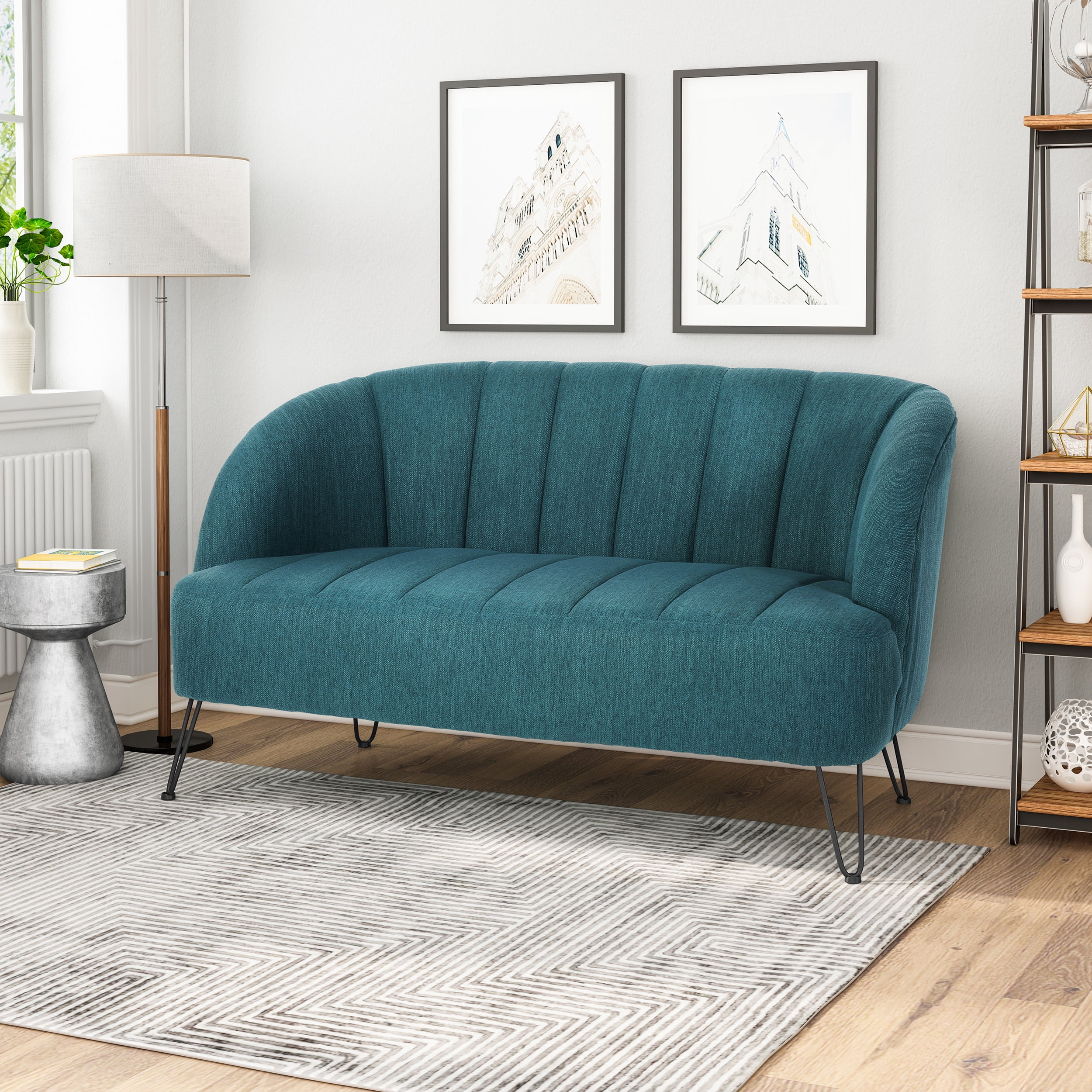 Noble House Eliezer Modern Fabric Loveseat with Hairpin Legs, Teal