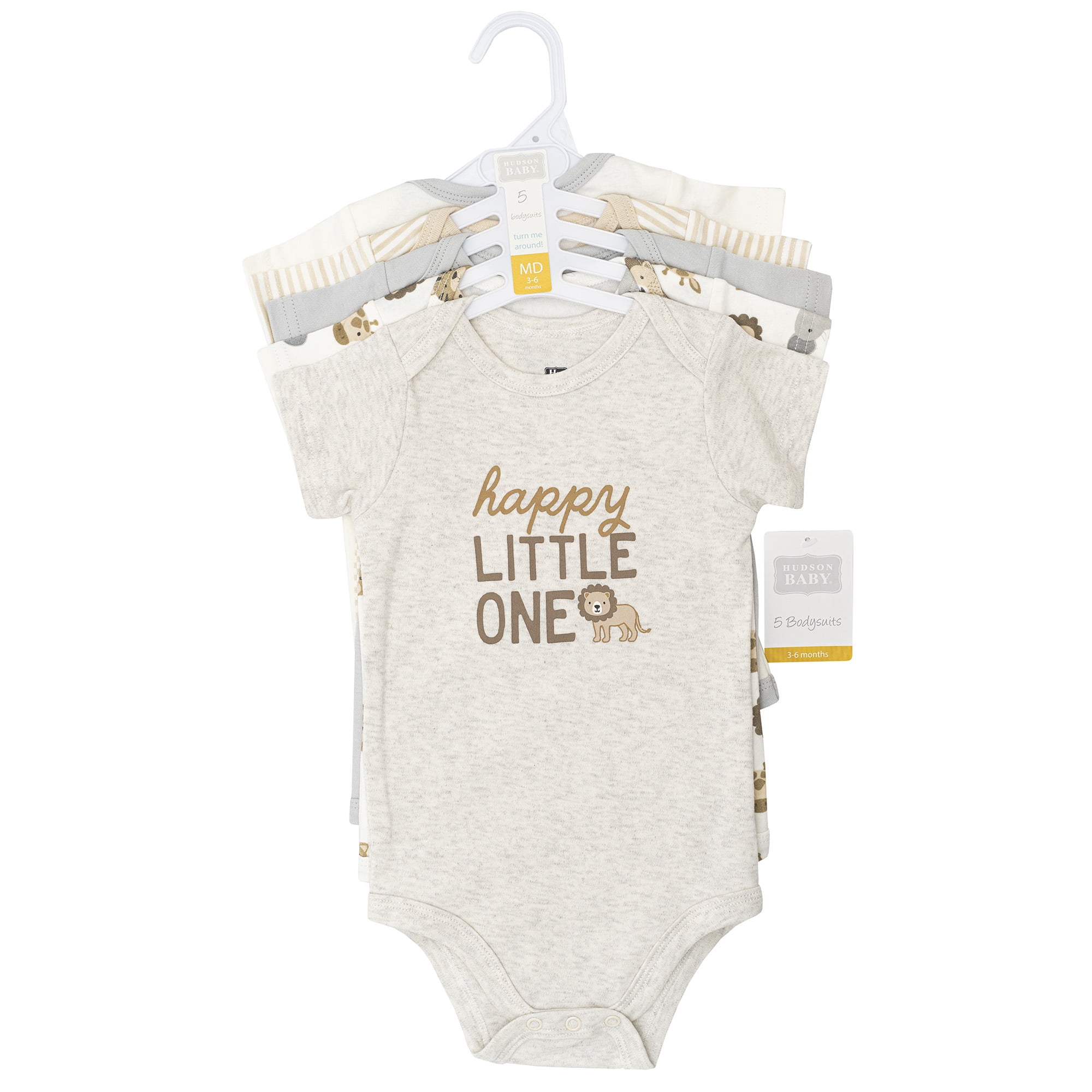 Hudson Baby Infant Cotton Bodysuits 5-Pack, Happy Little One Safari, 12-18 Months