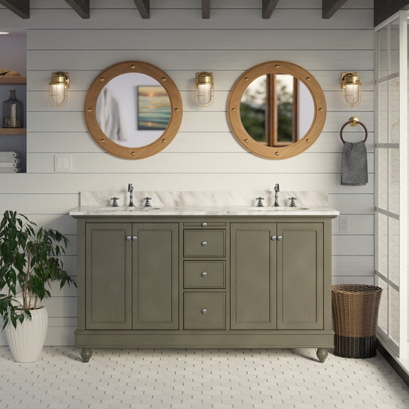 Bella 60" Double Bathroom Vanity with Weathered Gray Cabinet and Carrara Marble Top