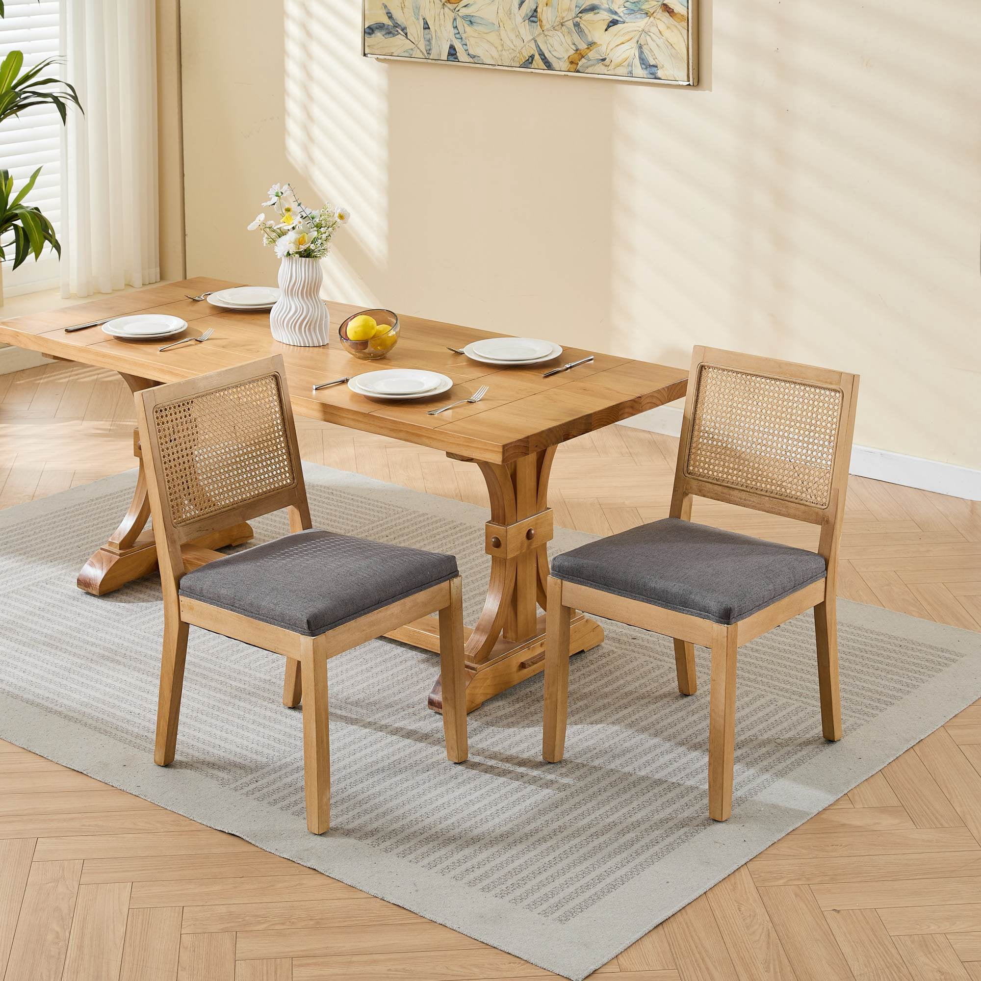 MAYEERTY Farmhouse Rattan Dining Chairs - Mid-Century Modern, Cane Upholstery, Natural Hardwood Frame, Gray, Set of 2