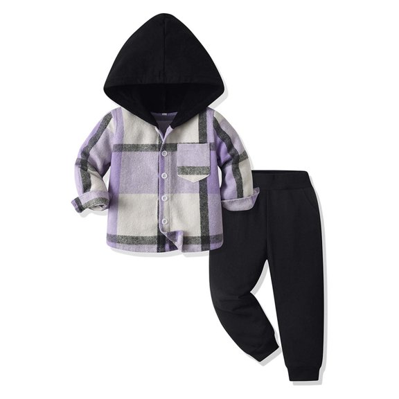 SYMOID Boys' Plaid Shirt & Jogger Set 2-Piece Outfit Purple Hooded Top and Black Pants Soft Cotton Kids Kids,Size 6 T