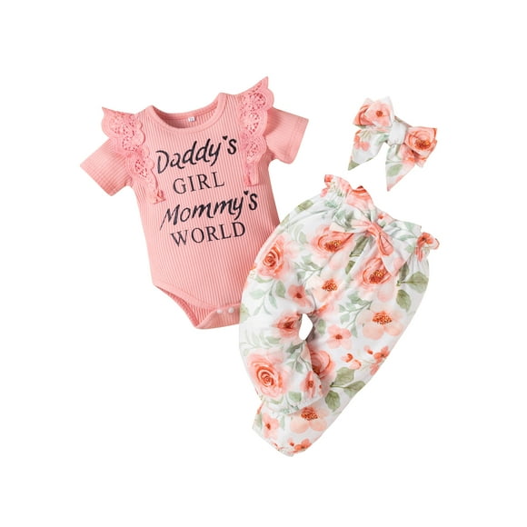 Xingqing Nouveau-Né Baby Filles Floral Vêtements Côtelé Papa Maman Mot Romper + Pantalon + Bandeau Mis Rose 0-3 Months