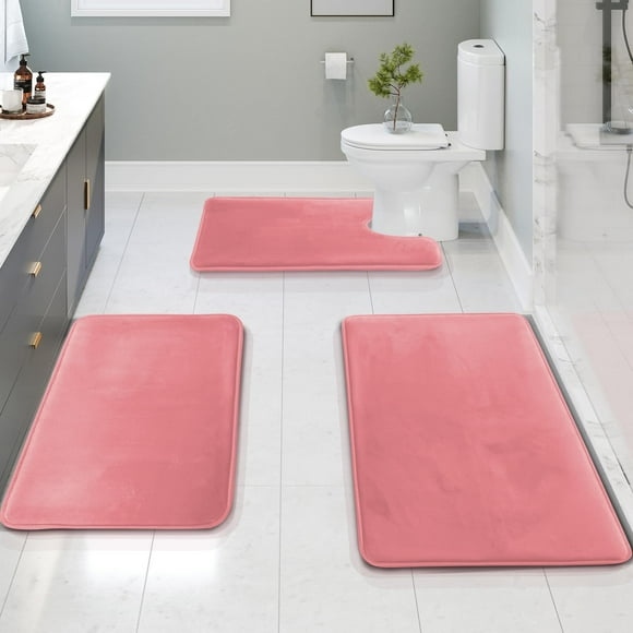 Juego de alfombras de baño Clara Clark Velvet, espuma viscoelástica, rosa