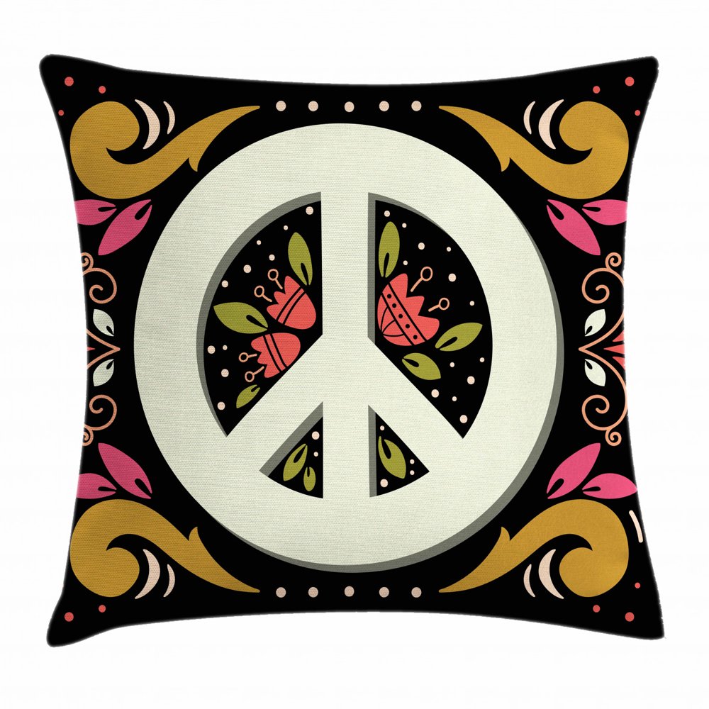Hippie Throw Pillow Cushion Cover, Graphic Peace Sign with Flower