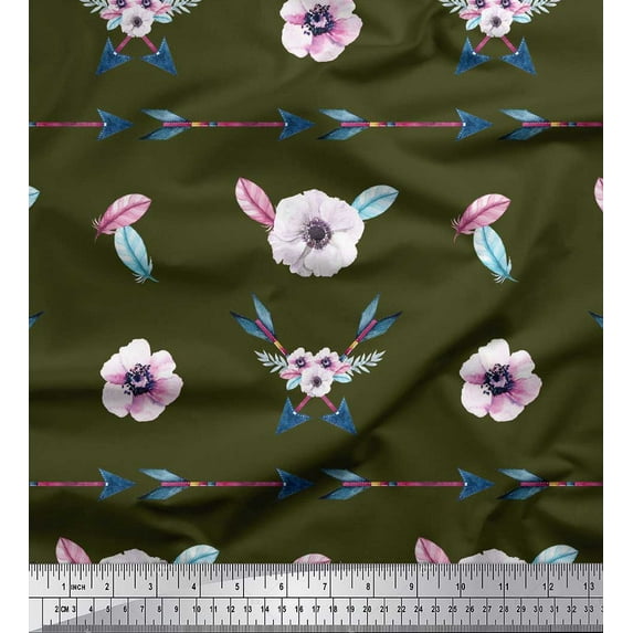 Soimoi Green Poly Georgette Fabric Arrow & Anemone Floral Printed Fabric 1 Yard 52 Inch Wide