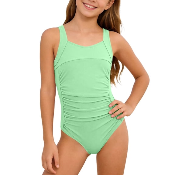 NAFUU Kids Girls Summer Swimsuit Solid Color Ruffle Sleeveless Square Collar Swim Suits High Waist With Wide Straps For Teen Youth Swimwear For Girl Sizes 14-15 Years