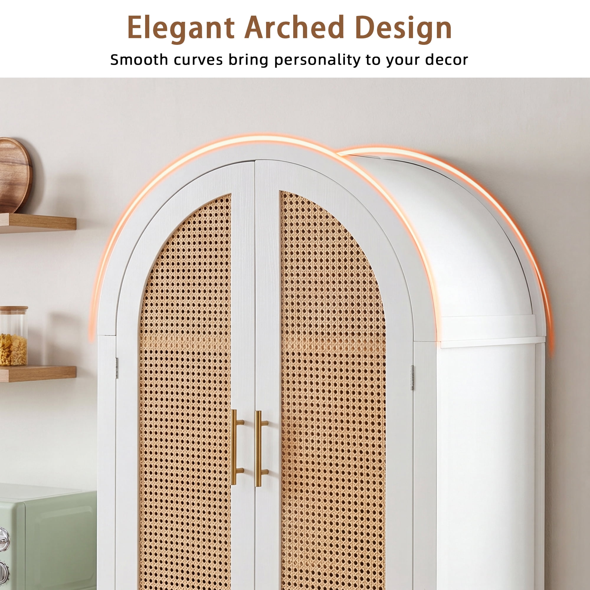 Leumius 71" Tall Arched Cabinet with Rattan Doors and Adjustable Shelves,4 Doors Modern Farmhouse Storage Cabinet with Built-in Racks for Kitchen Dining Room Study White