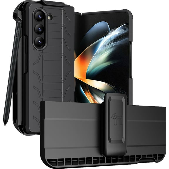 Case with Clip and S Pen Slot for Galaxy Z Fold 5 5G, Nakedcellphone Rugged Cover and Custom Belt Hip Holster Holder View Stand Combo for Samsung Z Fold5 Phone (SM-F946U, 2023) - Matte Black