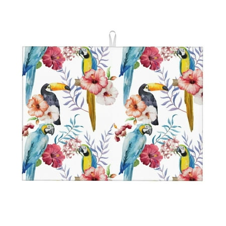 

Large Dish Drying Mats for Kitchen Counter - Cute Parrot Toucan Flower 18x24In Anti-Slip Absorbent Microfiber Drying Mat for Kitchen Counter Mat Dish Rack Mat with Hanging Loop