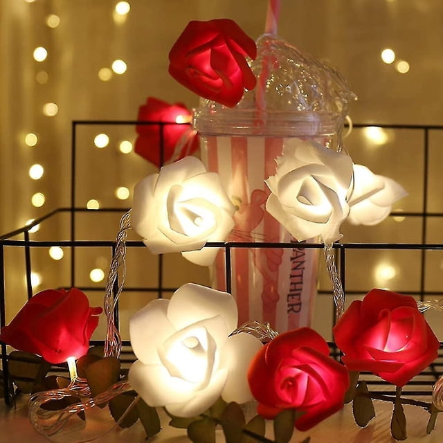 3M 20 luces Led de rosas de San Valentín, decoración del Día de San Valentín luces de hadas de rosas blancas rojas con pilas guirnalda de flores de rosas artificiales