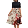 thumbnail image 2 of Kojanyu Women's Printed High Neck Short Sleeve Midi Dress – Cuff Buttons with Detachable Waist Belt, 2 of 6