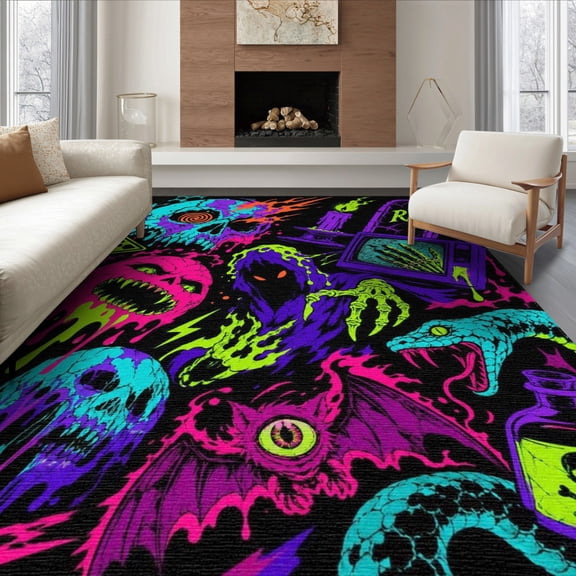 ODIKA 8'x10' Washable Area Rug Vivid: Eclectic Horror Gothic Imagery with Skulls, Specters, for Dining Room, Large Office, Lounge, Non-Slip Chair-Friendly Mat