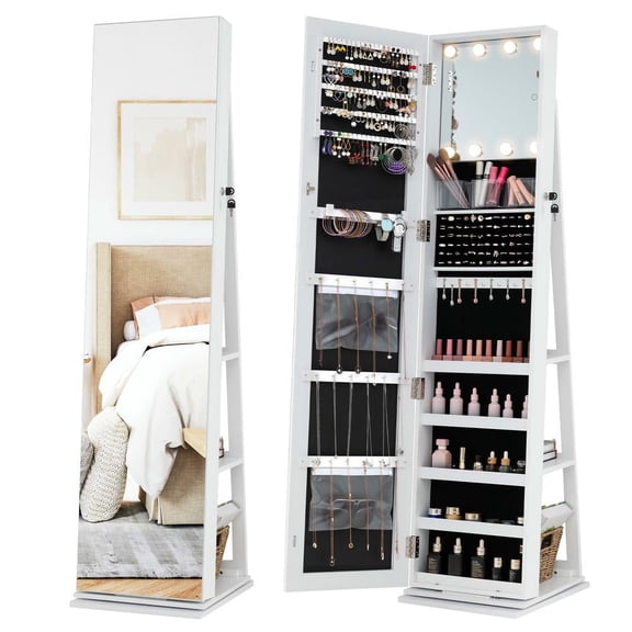 Resenkos Swivel Jewelry Cabinet with Mirror, Freestanding Storage Solution - White