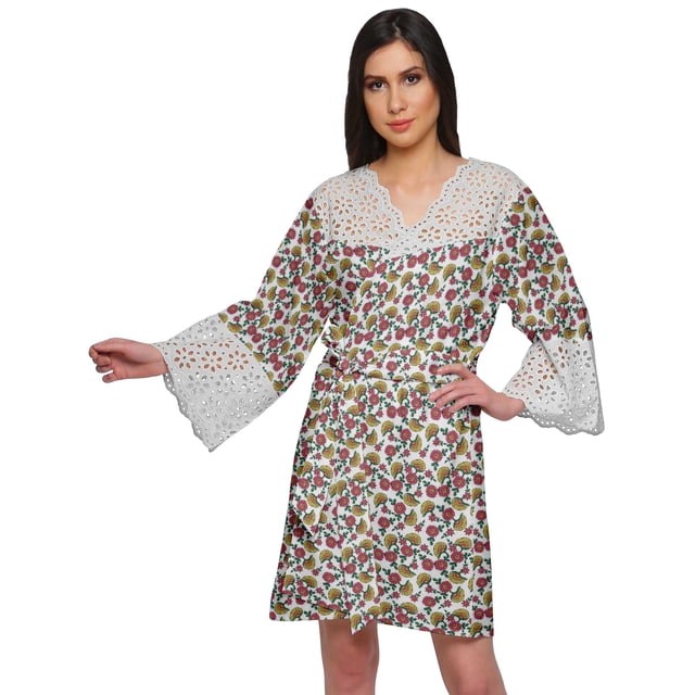 Moomaya Cotton Robe Plus Size Women Dressing Gown Printed Nightwear With Lace