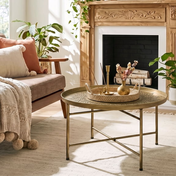 HOMCOM 24" Round Coffee Table with Hammered Tray Top, Vintage Metal Center Table for Living Room, Bedroom, Side Table, Gold