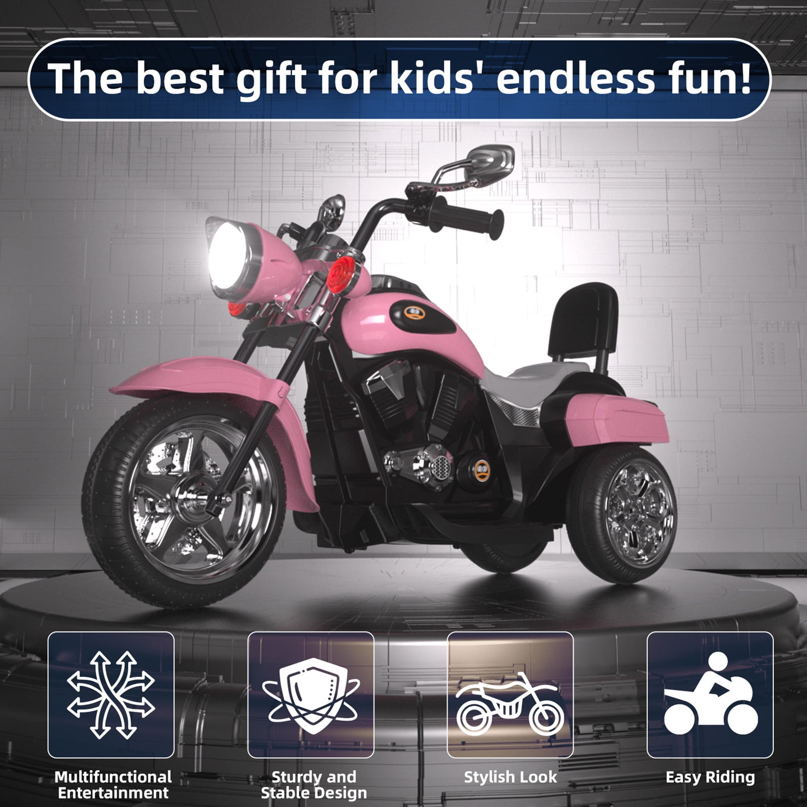 GLAF Kids Motorcycle for Boys & Girls Ages 3-6, 6V Battery Powered Electric Motorbike, 3 Wheels Ride on Toys with LED Lights, Bluetooth Music, Pink