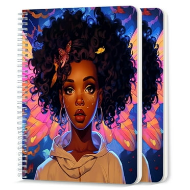 Spiral Notebook,College Ruled Journal,8.26" x 5.71" 50 Sheets/100 Pages,2 Pack - Black Woman With Curly Hair Adorned in Vibrant Butterfly Wings