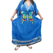 Mogul Women's Caftan Butterfly Print Blue Kimono Sleeves Maxi Dresses