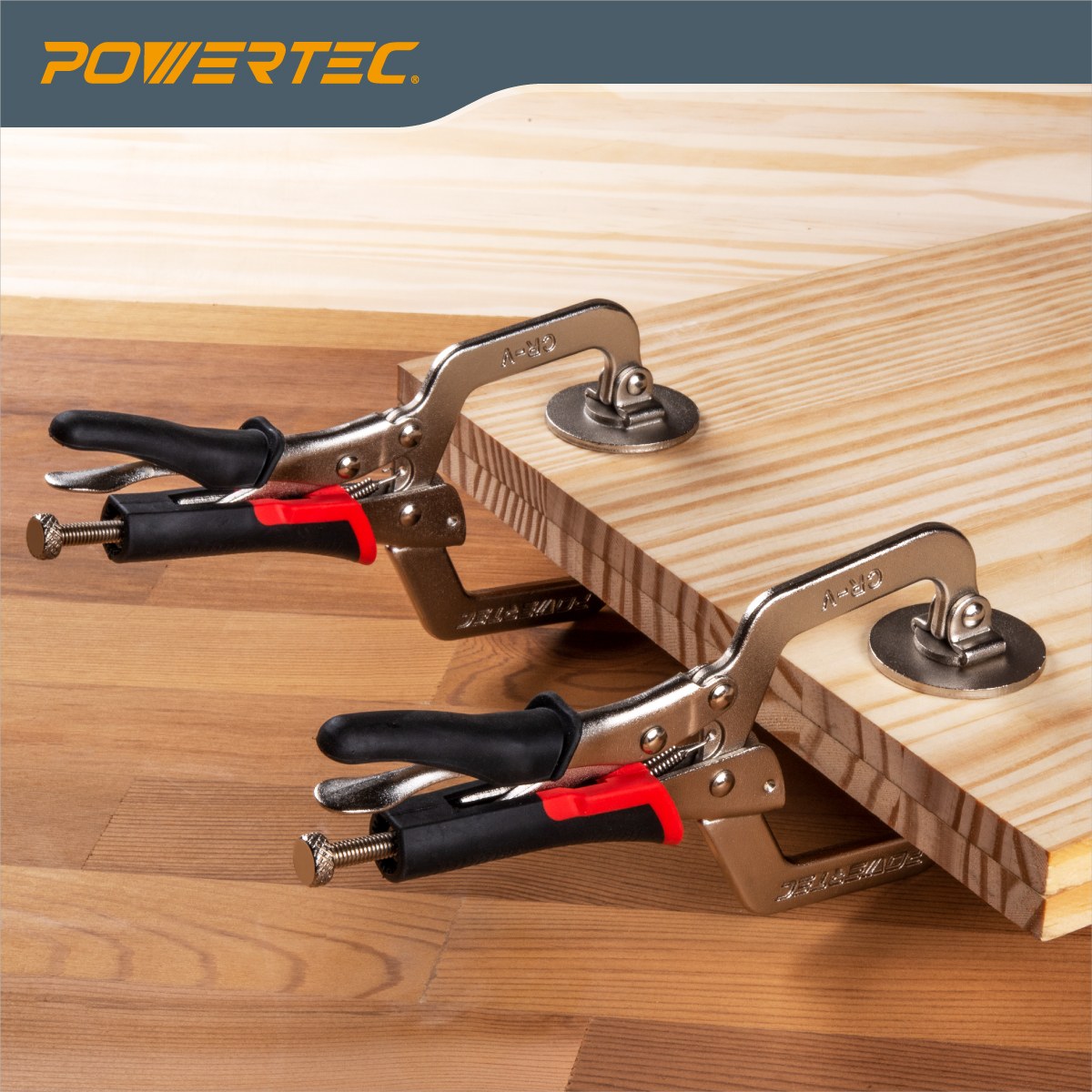 POWERTEC 2PK 2-Inch, Face Clamps, C-Clamp with Ergonomic Grip and Adjustable Swivel Pads for Woodworking, Pocket Hole Joinery, 71641