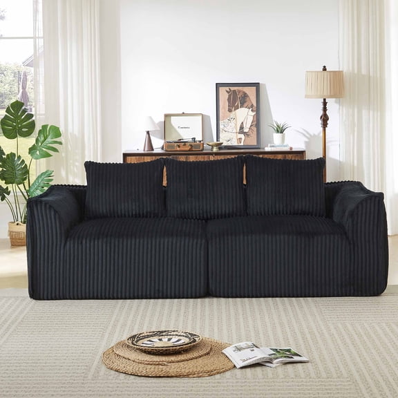 Lunale 3-Seater Modular Sectional Sofa, 92" Boneless Cloud Couch, No Assembly Required, Modern Corduroy Sofa for Living Room, Black