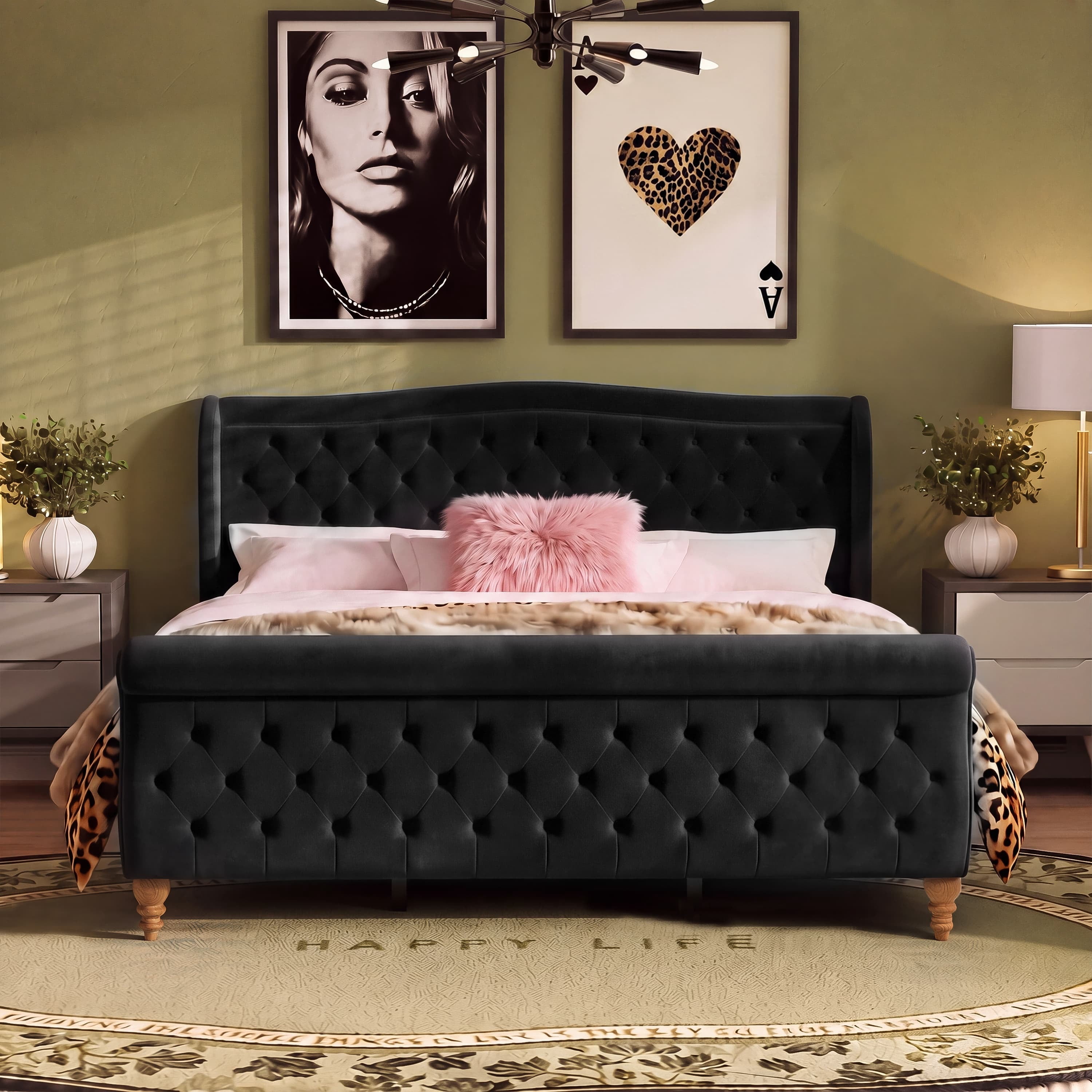 Euroco Velvet Upholstery King Size Platform Bed, Button Tufted Sleigh Bed Frame, No Box Spring Needed, Black