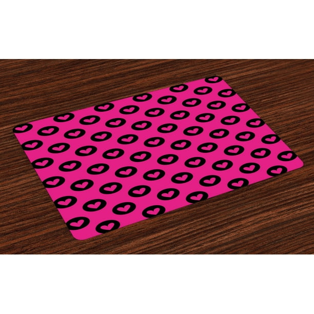Hot Pink Placemats Set of 4 Cute Pink Hearts inside Big Black Spots