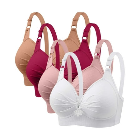 GERsome Pack of 4 Assorted Color Comfortable Full Coverage Bra for Women Wireless Bras with Soft Support Plus Size Everyday Bras 4PC#Pink/Wine/Khaki/White L