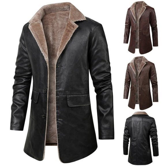 Sookity Men's Shearling Sherpa Lined Leather Jacket Big and Tall Fleece Jacket Puffer Jacekts Fall and Spring Lightweight Long Cardigan Coats For Mens Fashion Jackets,casaca hombre Black L